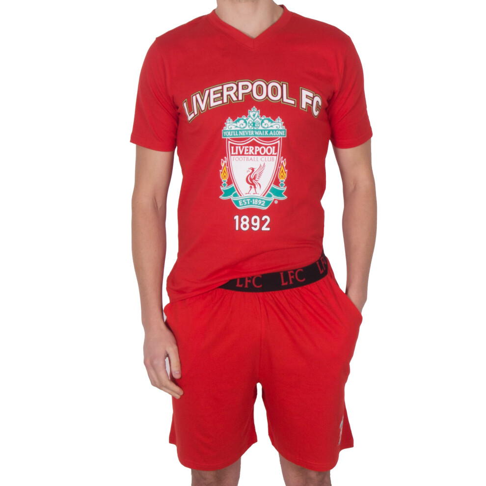 (Red Colour Crest, Medium) Liverpool FC Official Football Gift Mens Short Pyjamas Loungewear