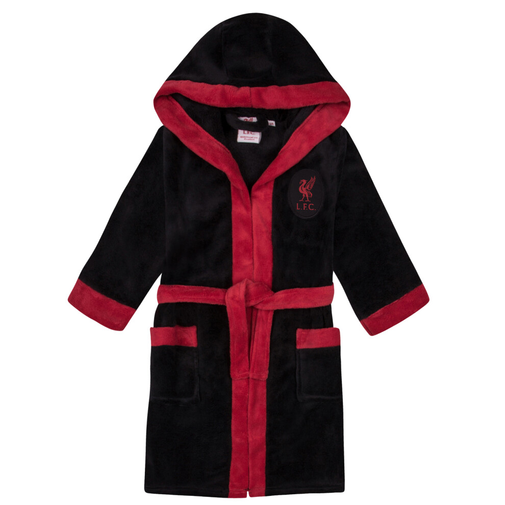 (Black, 7-8 Years) Liverpool FC Official Football Gift Boys Hooded Fleece Dressing Gown Robe