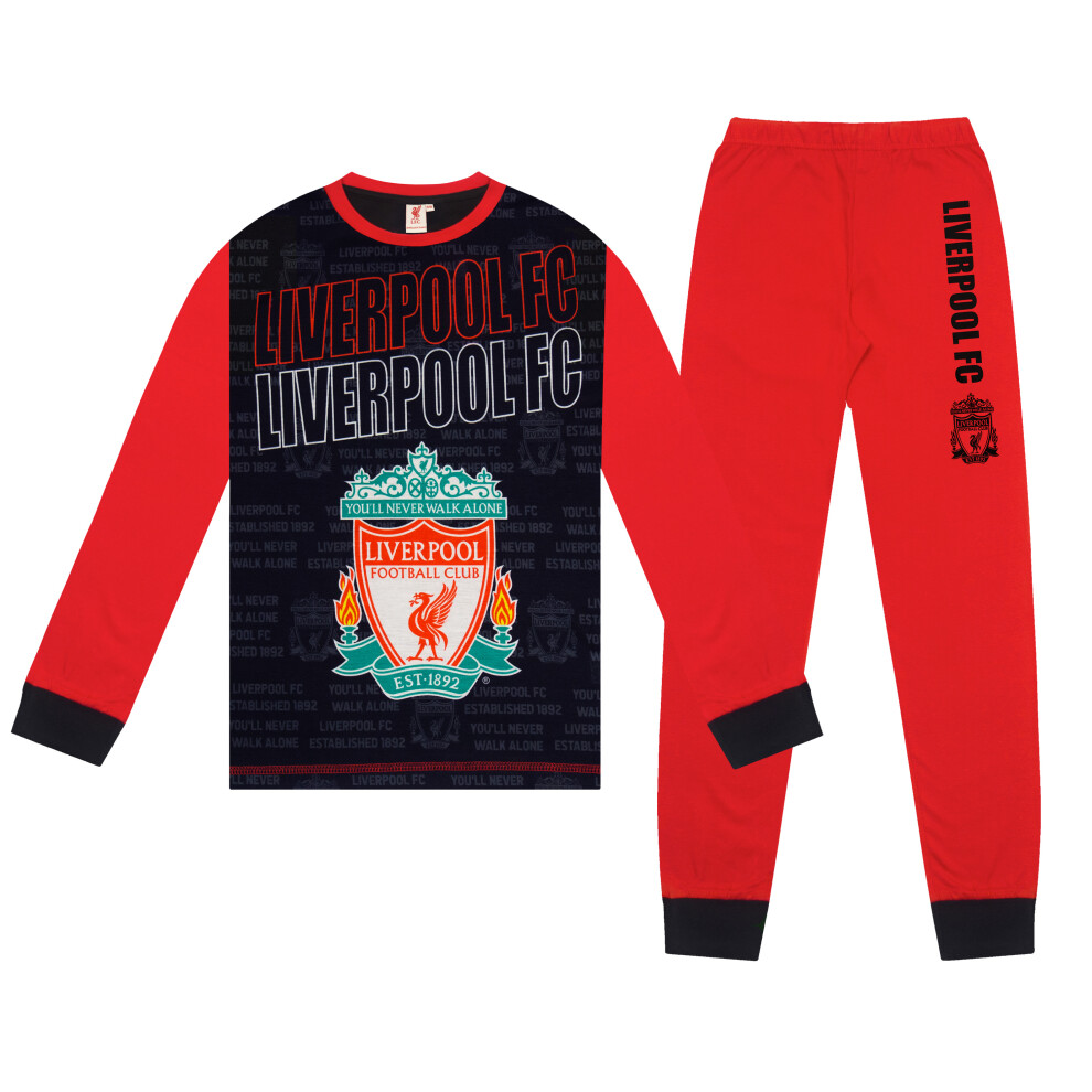 (Red/Black Cuff, 13-14 Years) Liverpool FC Boys Pyjamas Long Sublimation Kids OFFICIAL Football Gift