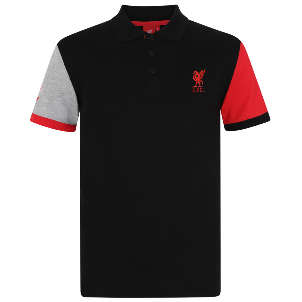 (Black Contrast Sleeve, Small) Liverpool FC Official Football Gift Mens Crest Polo Shirt