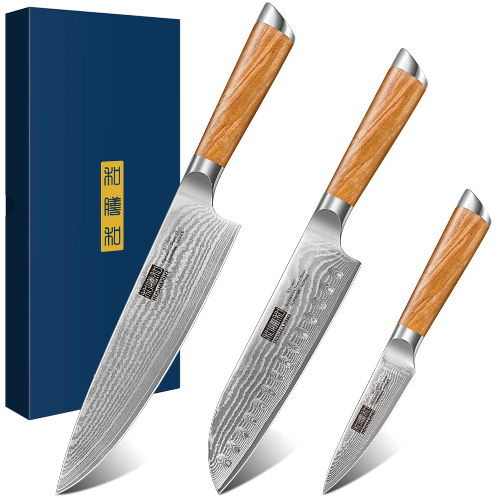 HOSHANHO Damascus Kitchen Knife Set, Ultra Sharp 8" Chef Knife, 7" Santoku Knife, 3.75" Paring Knife