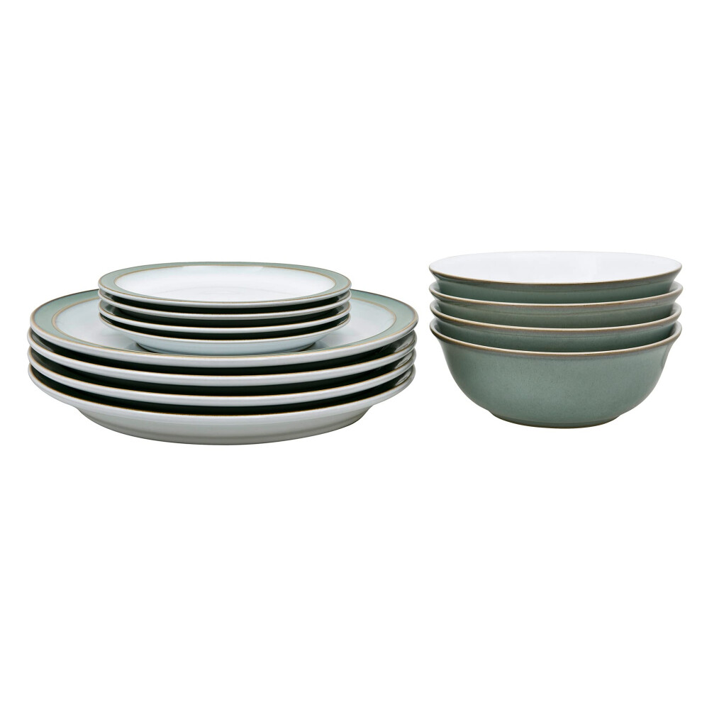 Denby - Regency Green Dinner Set For 4 - 12 Piece Green, White Ceramic Tableware Set - Dishwasher Microwave Safe Crockery Set