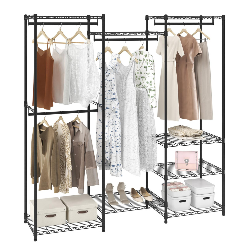 VEVOR Heavy Duty Clothes Rack, Rolling Clothing Garment Rack with 4 Hang Rods & 8 Storage Tiers, Adjustable Custom Closet Rack,