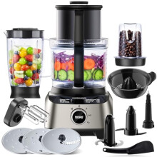 YASHE HGM-410 1300W Multifunction Food Processor - 11 Attachments incl. Citrus Juicer, 2.5L Bowl, 1.5L Blender, Safe Dual-Lock, Black/Grey