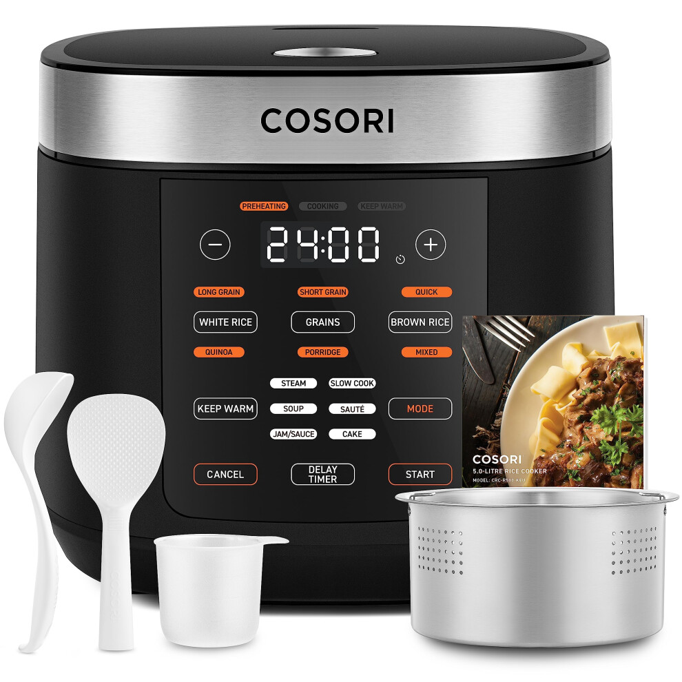 New Cosori Rice Cooker, Slow Cooker & Steamer With Ceramic Coated Inner Pot And Fuzzy Logic, 50 Recipes,10 Cups, 5L Capacity Black