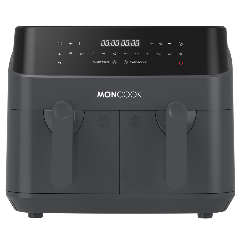 MONCOOK Double Air Fryer - 2 In 1 Airfryer 9L With 2 x 4.5L Baskets - 50 Recipe Cookbook - Smart Finish Function - Digital LED Display Airfryer