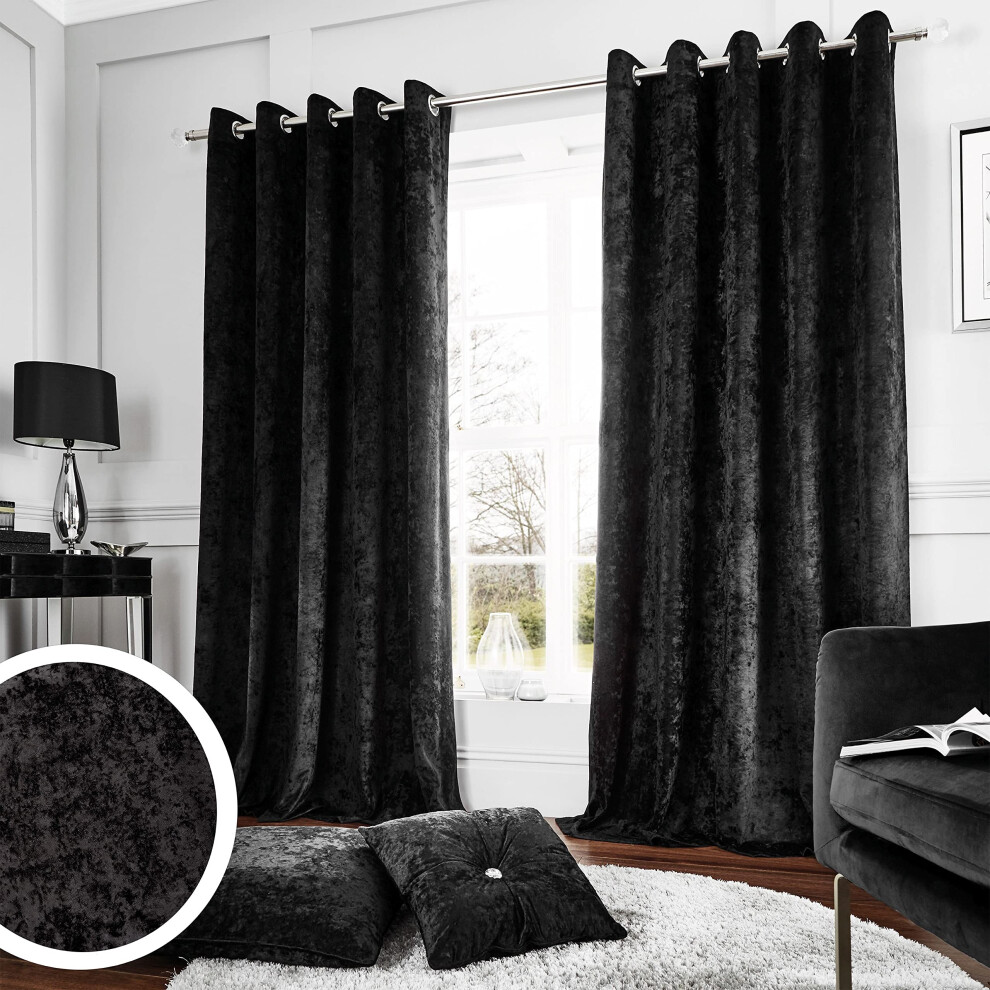 Catherine Lansfield Crushed Velvet Eyelet Curtain 66x90 Black