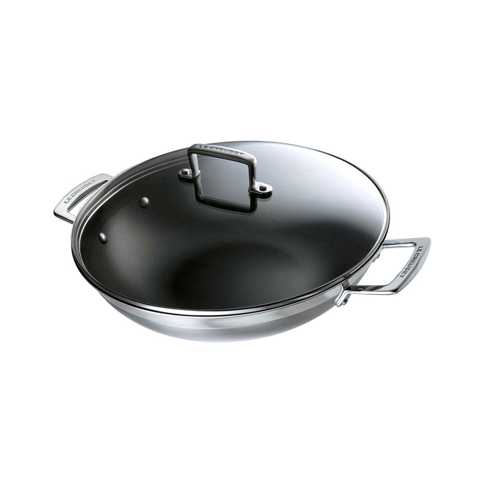 Le Creuset 3-Ply Stainless Steel Non-Stick Wok with Lid, 30 x 7.8 cm, 96201130001000, Silver