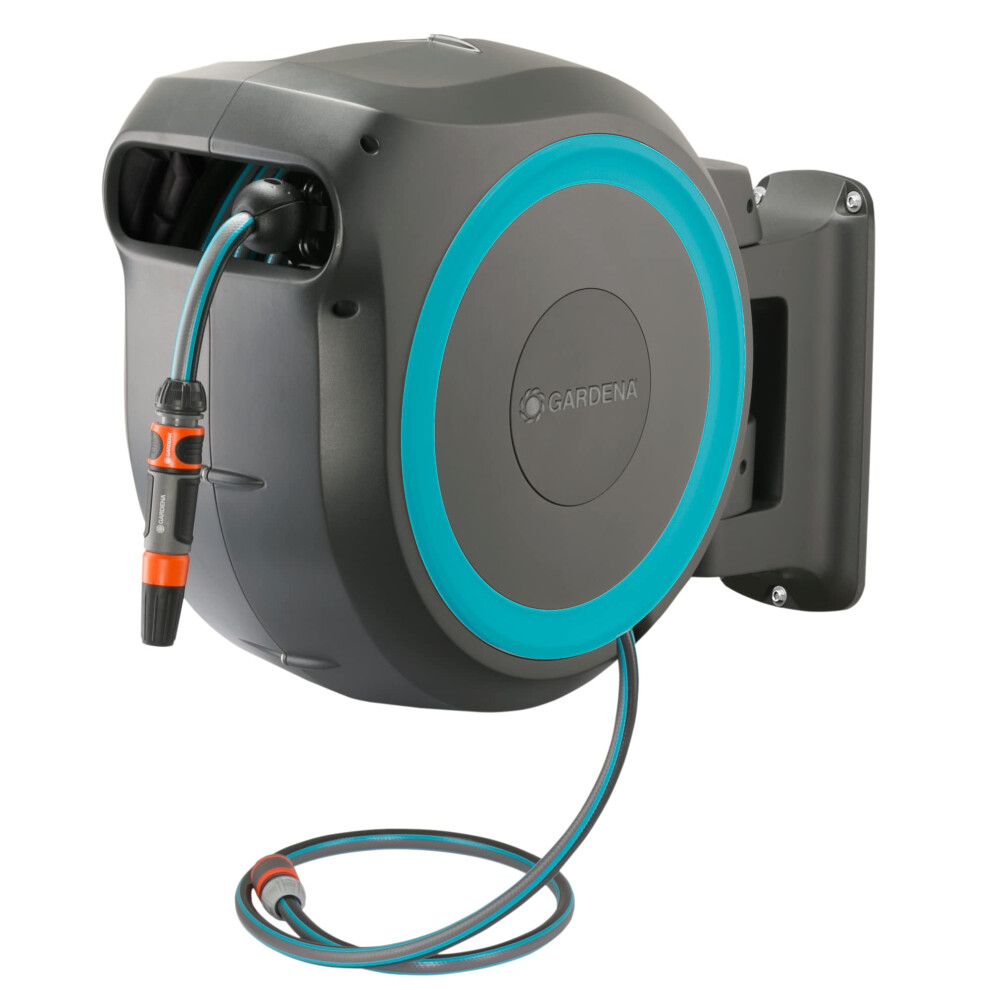 Gardena 115' Ft. Wall Mounted Retractable Hose Reel, And Black/Turquoise