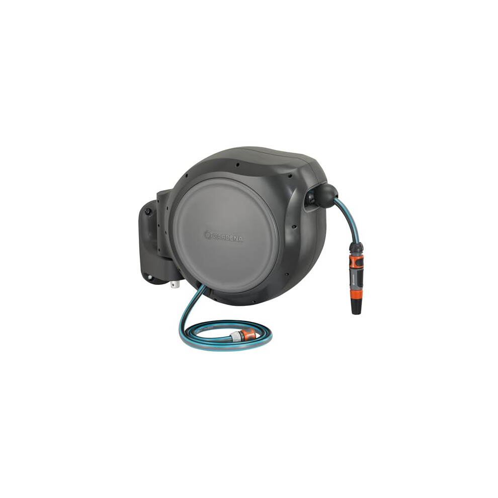 GARDENA 8055 - 100 Foot Wall Mounted Retractable Reel with Hose Guide, Automatic retraction for Easy Watering, Gray
