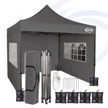 MAXIMUS HEAVY DUTY POP UP GAZEBO 3m x 3m COMMERCIAL MARKET STALL WITH 4 WEIGHT BAGS (4 Walls, Grey)