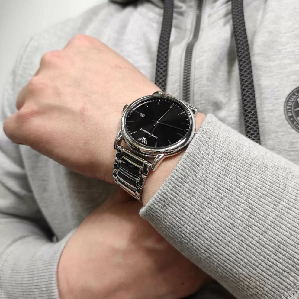 EMPORIO ARMANI MEN'S AR2499 SILVER BRACELET BLACK DIAL SILVER CASE