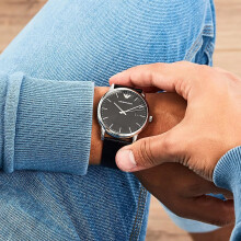EMPORIO ARMANI MEN'S AR2500 BLACK LEATHER STRAP BLACK DIAL SILVER CASE