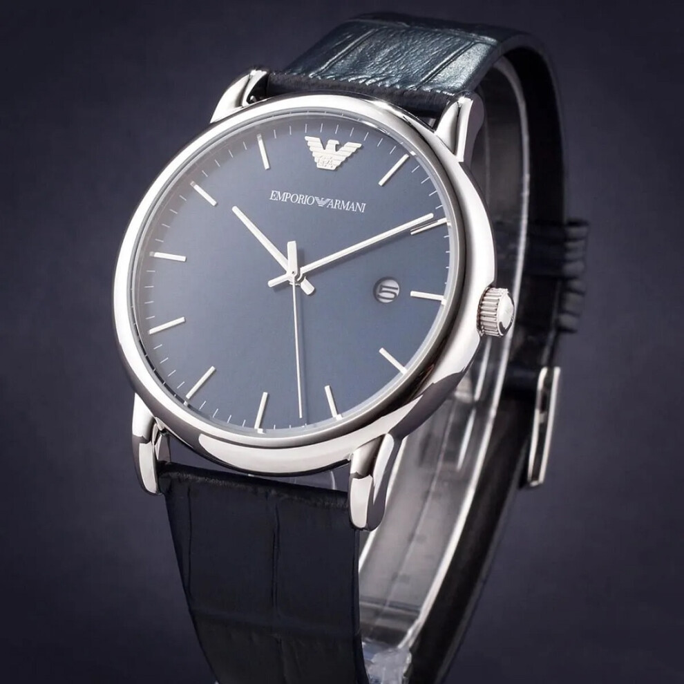 EMPORIO ARMANI MEN'S AR2501 BLACK LEATHER STRAP BLACK DIAL SILVER CASE