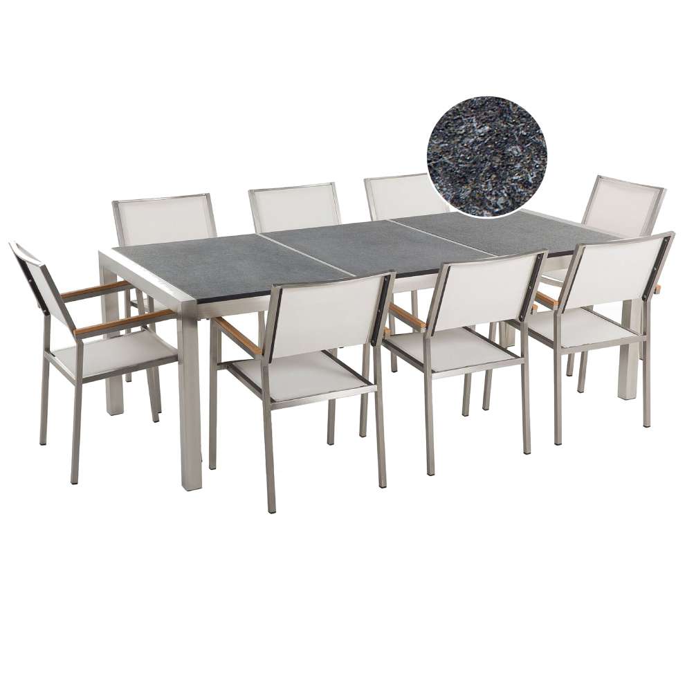 Garden Dining Set 8 Seater GROSSETO Triple Plate Granite Flamed Black/ White