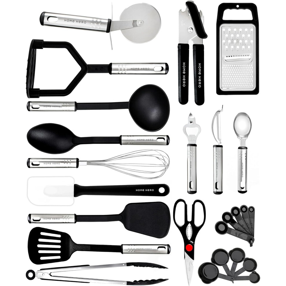 Kitchen Utensils Set Non-Stick Heat Resistant Cooking Utensils Set  Spoons Turners Spatula Ladle Set  Kitchen Tools Gadgets  (25 pcs Nylon Set Black)