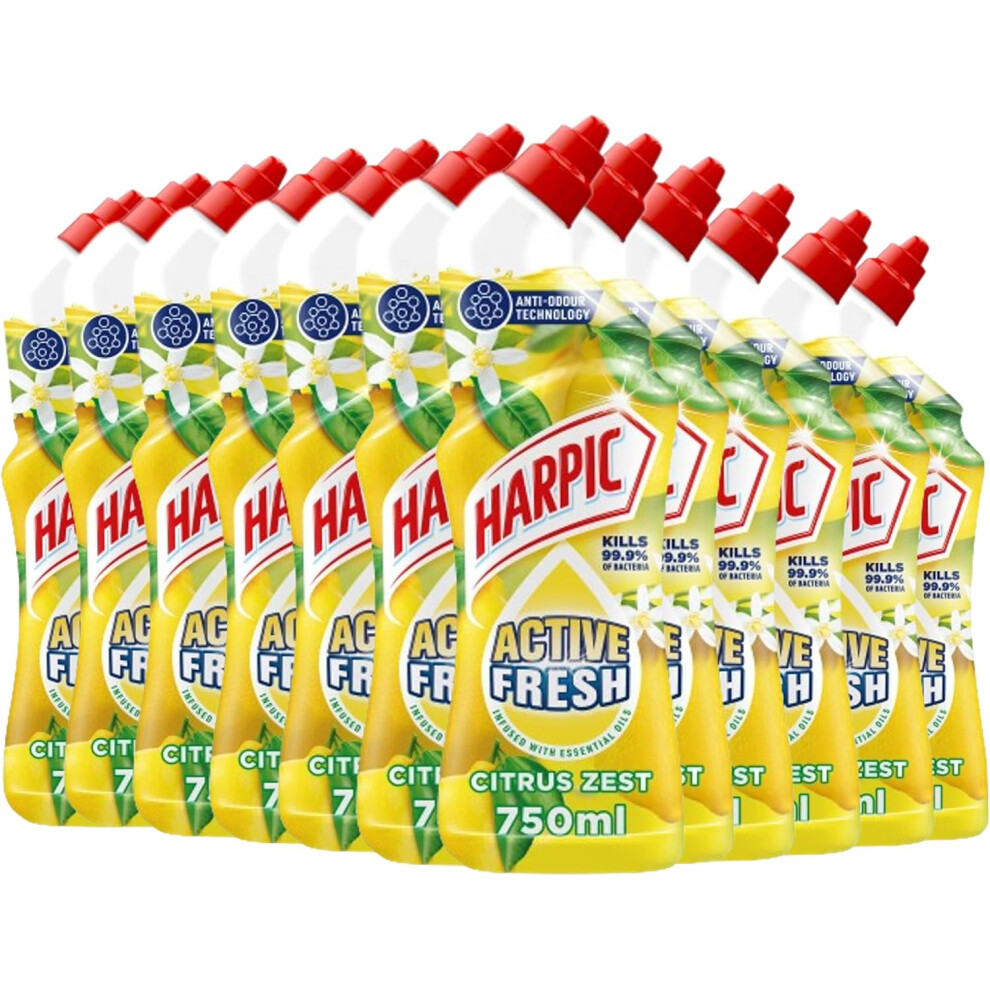 Harpic Active Fresh Toilet Cleaning Gel, Citrus Zest , Pack 12 x 750 ml, Infused with Essential Oils, Kills 99.9% of Bacteria, Toilet Cleaner