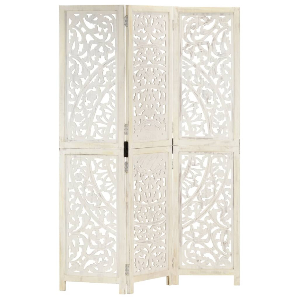 vidaXL Solid Mango Wood Hand carved 3-Panel Room Divider White 120cm Partition