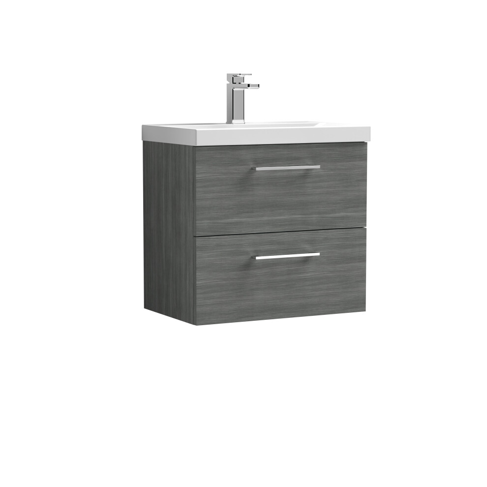 Wall Hung 2 Drawer Vanity Unit with Mid-Edge Ceramic Basin, 600mm - Woodgrain Anthracite