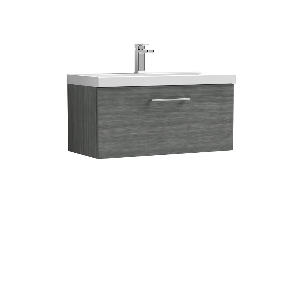 Wall Hung 1 Drawer Vanity Unit with Mid-Edge Ceramic Basin, 800mm - Woodgrain Anthracite