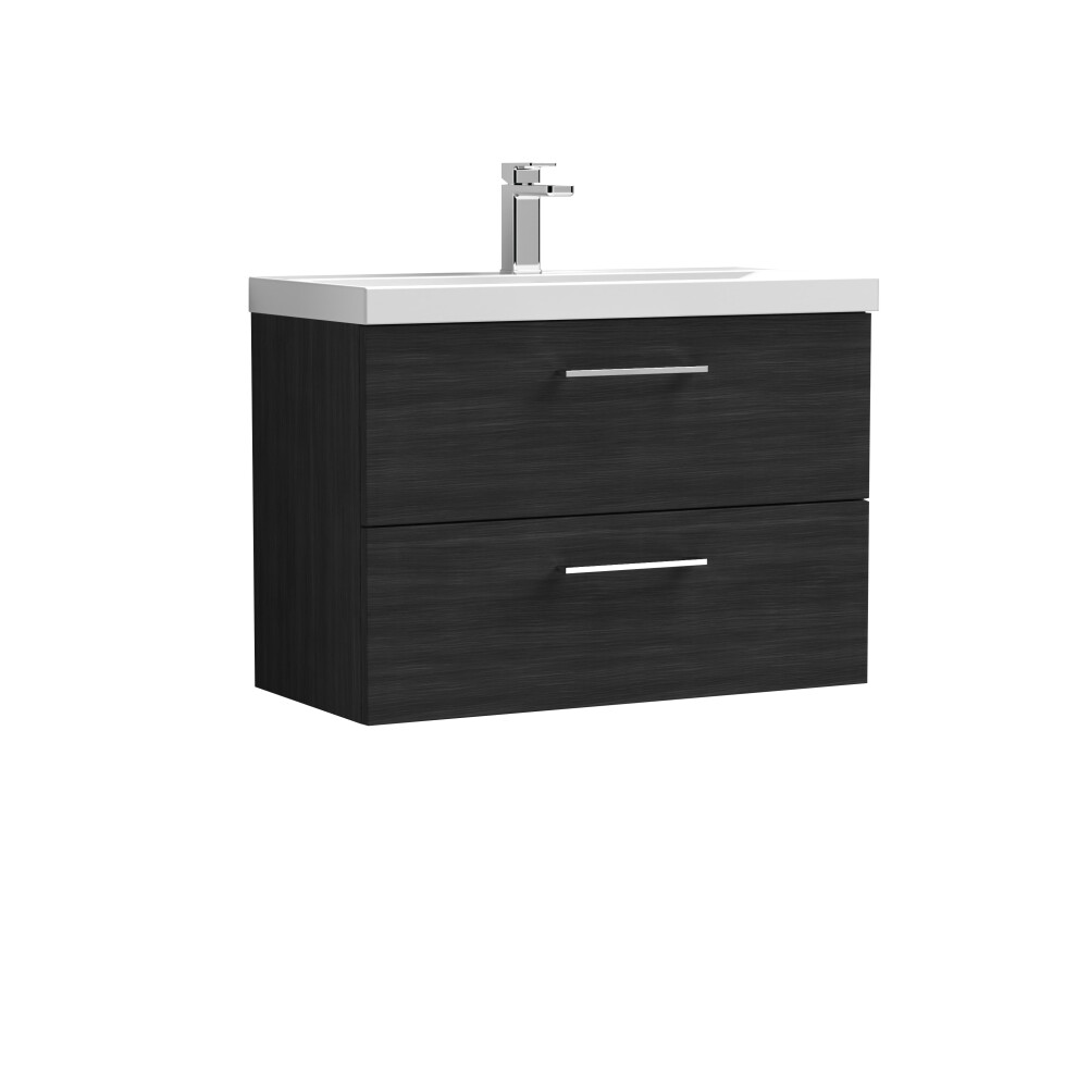 Wall Hung 2 Drawer Vanity Unit with Mid-Edge Ceramic Basin, 800mm - Woodgrain Charcoal Black