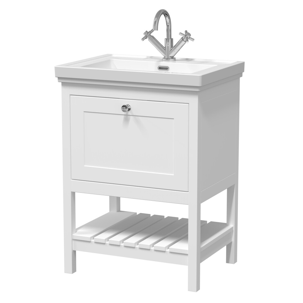 Traditional Furniture Floor Standing 1 Drawer Vanity & 1 Tap Hole Fireclay Basin, 600mm, Pure White