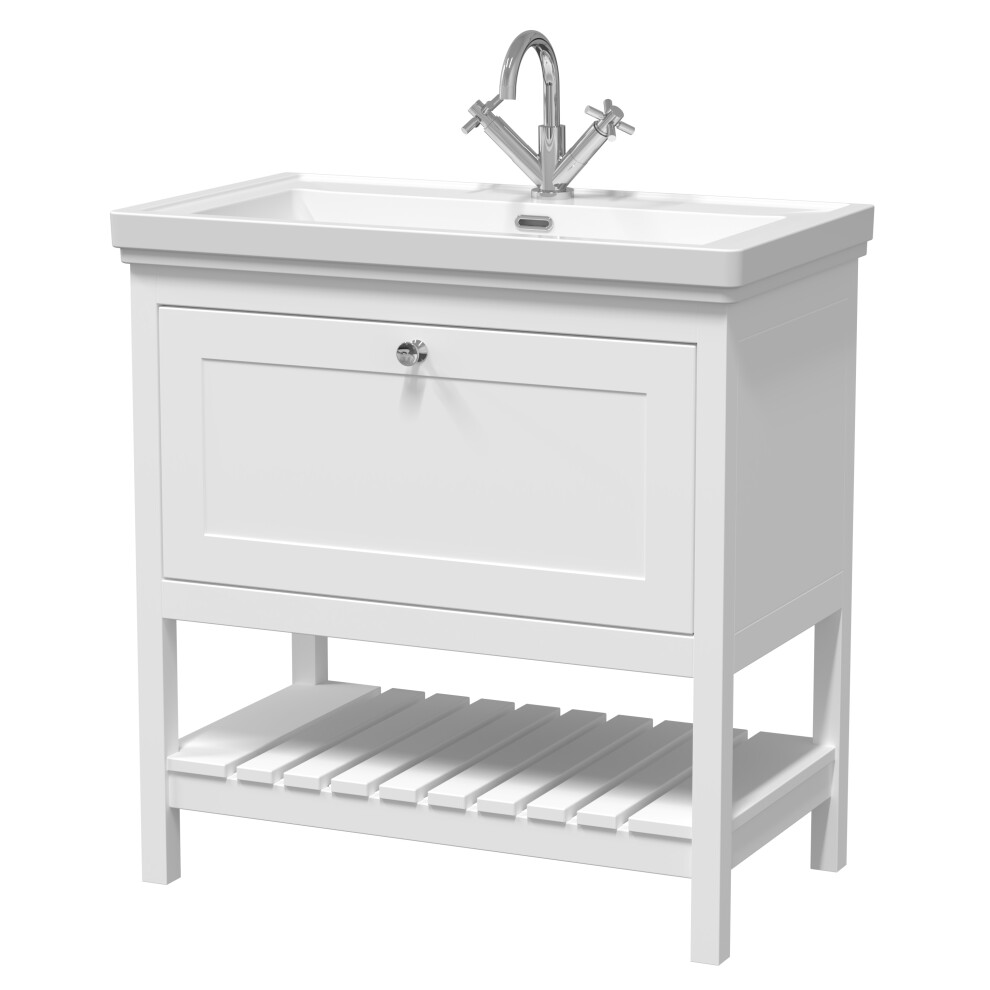 Traditional Furniture Floor Standing 1 Drawer Vanity & 1 Tap Hole Fireclay Basin, 800mm, Pure White