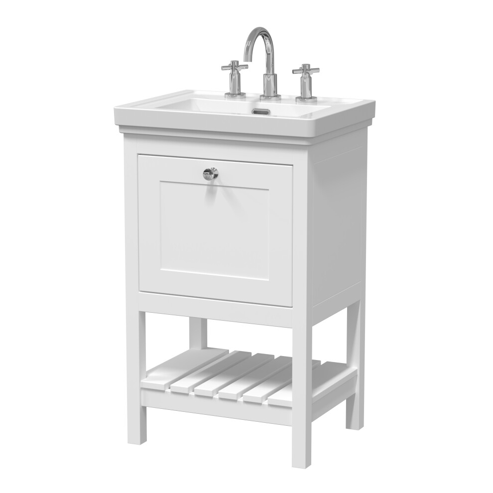 Traditional Furniture Floor Standing 1 Drawer Vanity & 3 Tap Hole Fireclay Basin, 500mm, Pure White