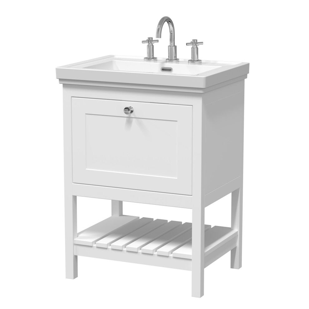 Traditional Furniture Floor Standing 1 Drawer Vanity & 3 Tap Hole Fireclay Basin, 600mm, Pure White