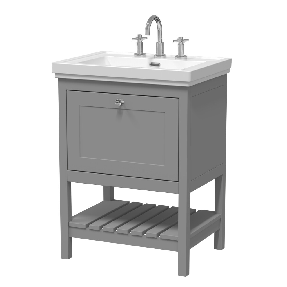 Traditional Furniture Floor Standing 1 Drawer Vanity & 3 Tap Hole Fireclay Basin, 600mm, Cool Grey