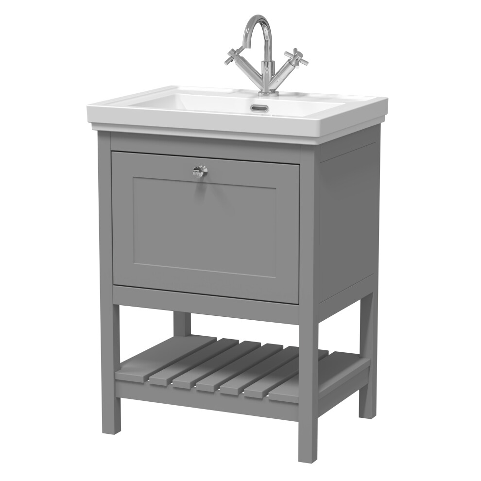 Traditional Furniture Floor Standing 1 Drawer Vanity & 1 Tap Hole Fireclay Basin, 600mm, Cool Grey