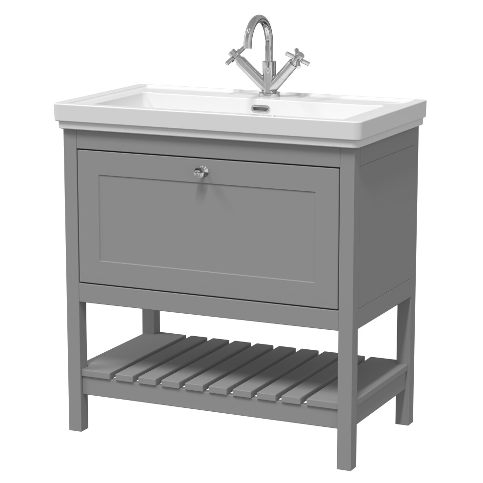 Traditional Furniture Floor Standing 1 Drawer Vanity & 1 Tap Hole Fireclay Basin, 800mm, Cool Grey