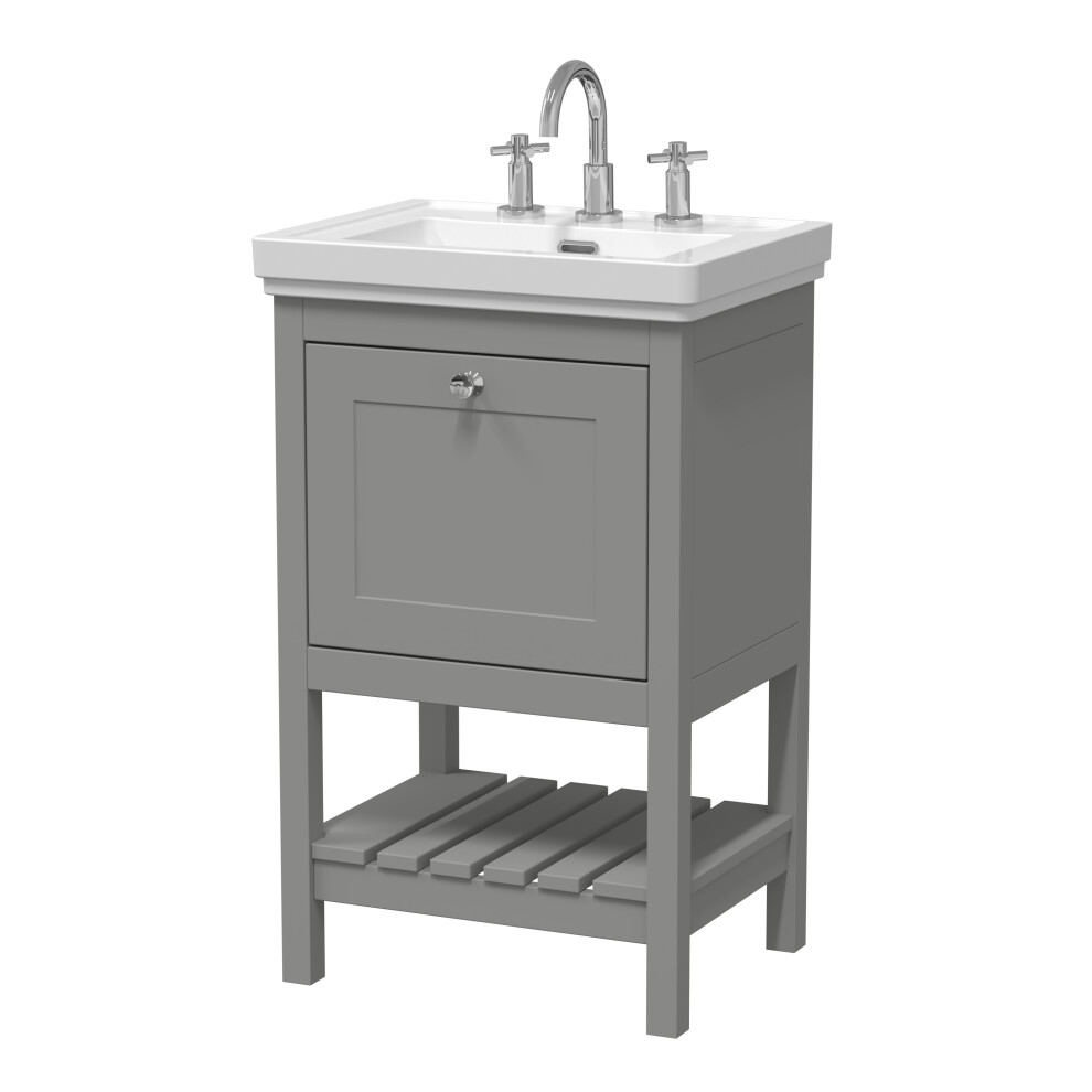 Traditional Furniture Floor Standing 1 Drawer Vanity & 3 Tap Hole Fireclay Basin, 500mm, Cool Grey