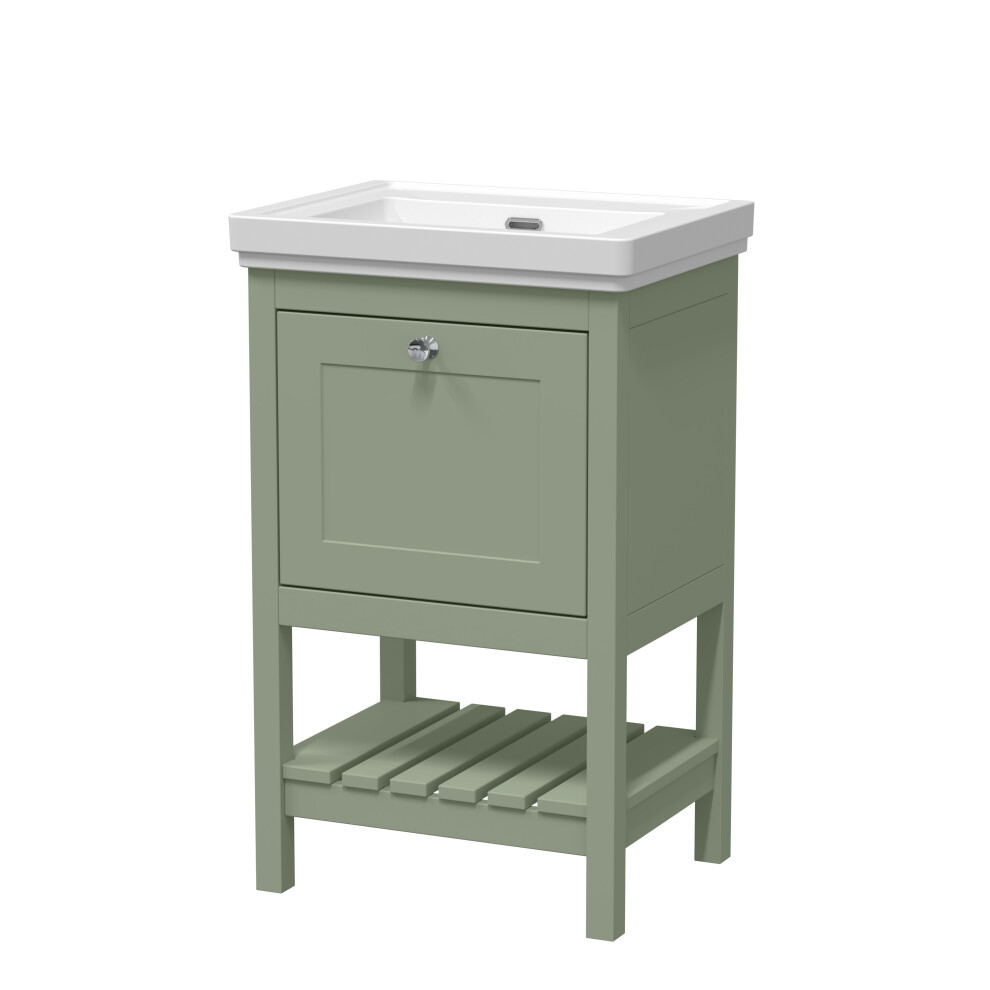 Traditional Furniture Floor Standing 1 Drawer Vanity & 0 Tap Hole Fireclay Basin, 500mm, Fern Green