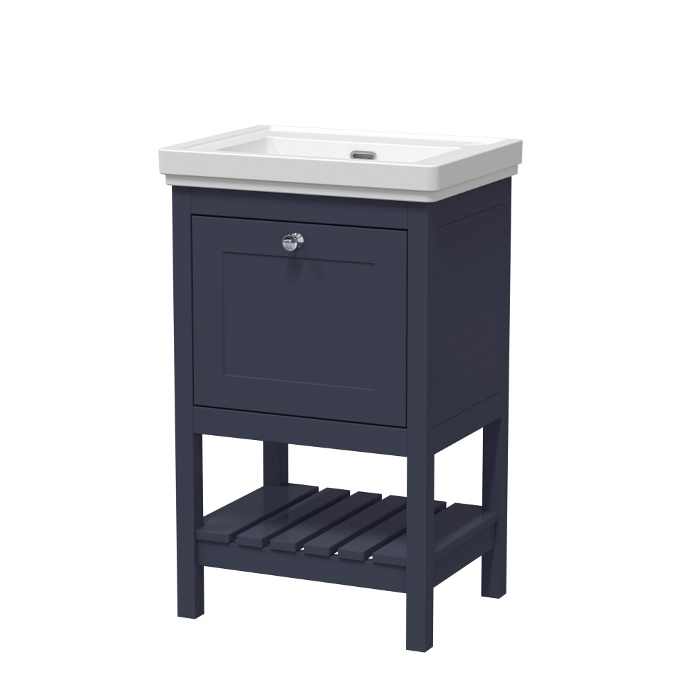 Traditional Furniture Floor Standing 1 Drawer Vanity & 0 Tap Hole Fireclay Basin, 500mm, Indigo Blue