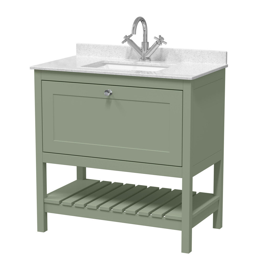 Traditional Furniture Floor Standing 1 Drawer Vanity & 1 Tap Hole Marble Worktop & Basin, 800mm, Fern Green