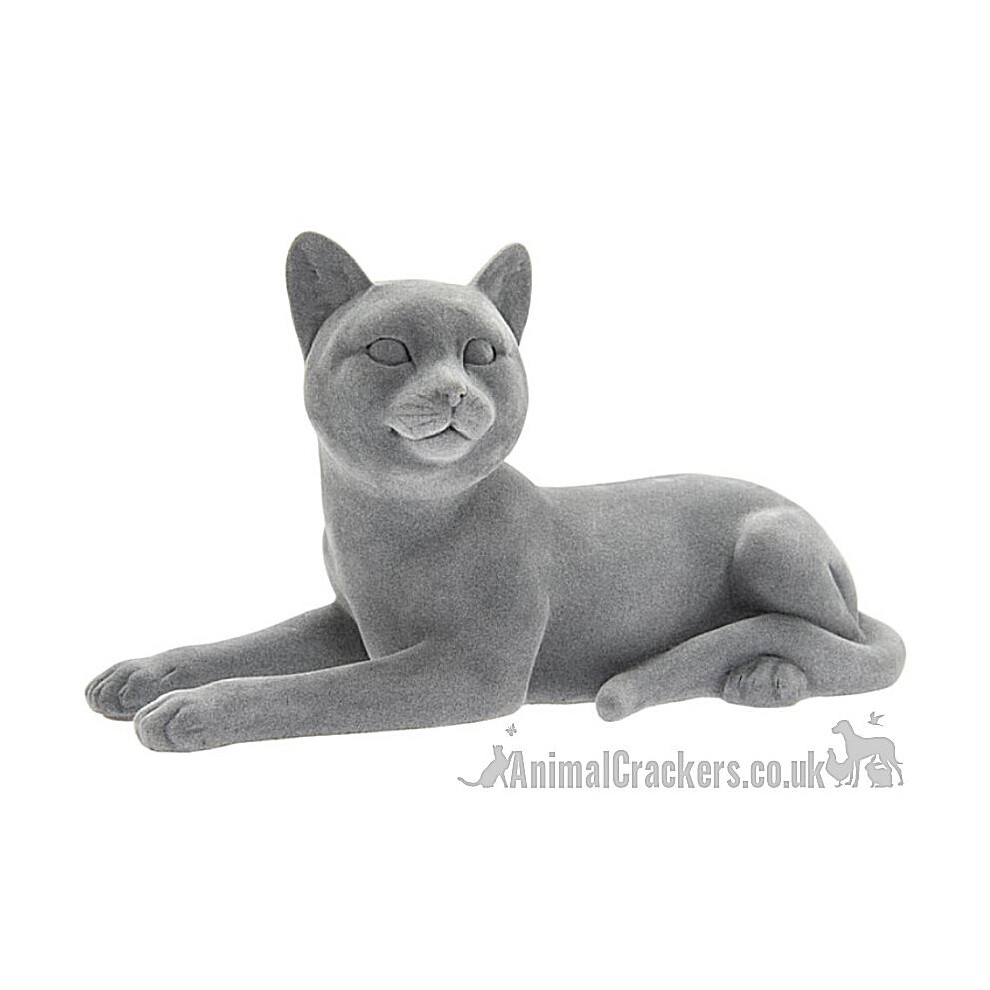 Grey Velveteen velvet laying Cat figurine ornament decoration Cat lover gift