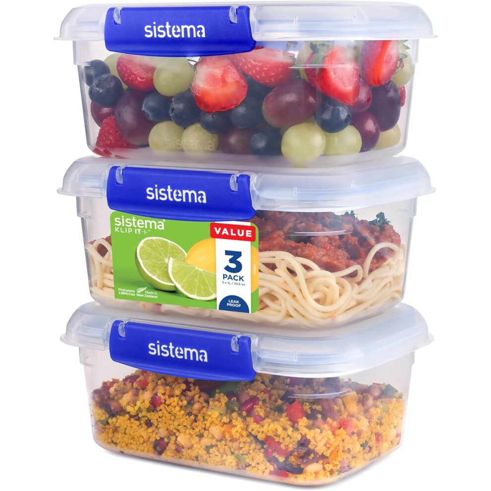 Sistema KLIP IT PLUS Leakproof Food Storage Containers 1 L Airtight & Stackable Meal Prep Containers with Lids School Lunch Boxes BPA-Free 3 Count