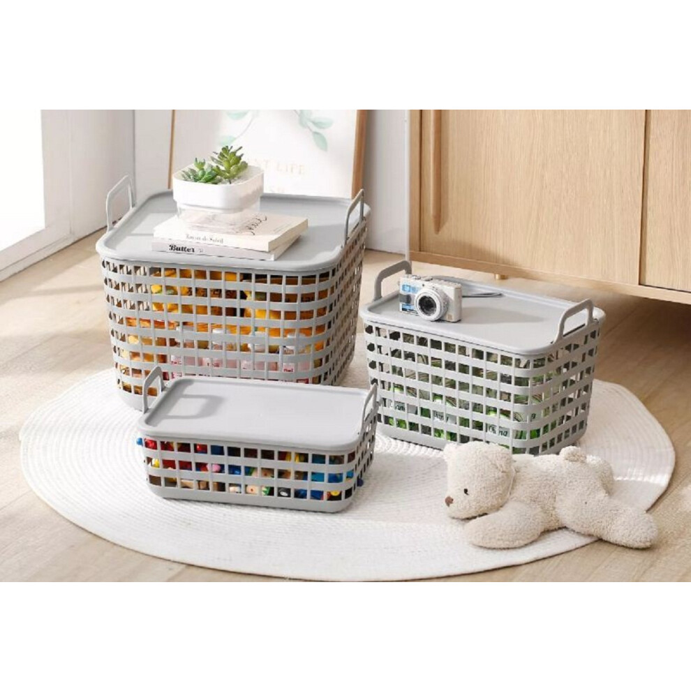 3 Rattan Basket Set Stackable Plastic Home  Storage Container Box Grey