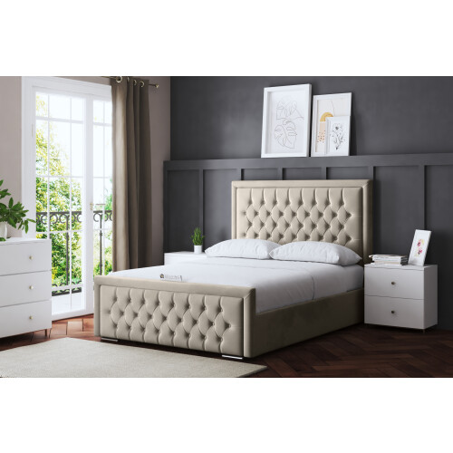 DS Living (King, Cream) Allegra Upholstered Bed with Ottoman