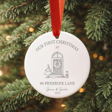 Personalised First Christmas in Our New Home Bauble, New Home Christmas Bauble, Ceramic Xmas Tree Decoration, Festive Couple Christmas Keepsake