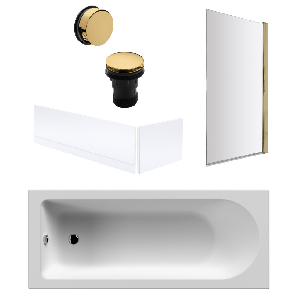 Round 1700mm Shower Bath Set – Front & End Panels & Brushed Brass Rectangular Screen & Brushed Brass Waste
