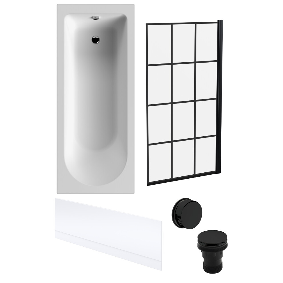 Round Single Ended Bath, Black Framed Screen, Front Panel, Black Waste-1700x700mm