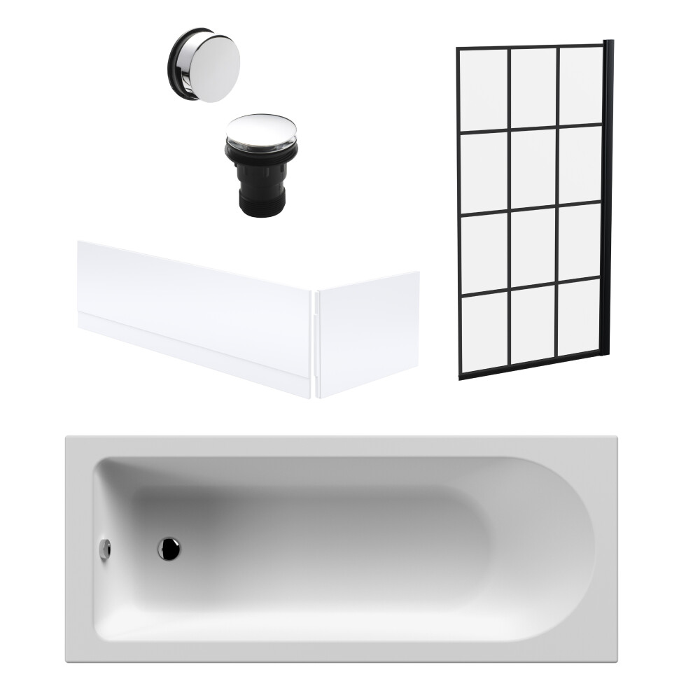 Round 1700mm Shower Bath Set – Front & End Panels & Black Square Framed Shower Screen & Chrome Waste