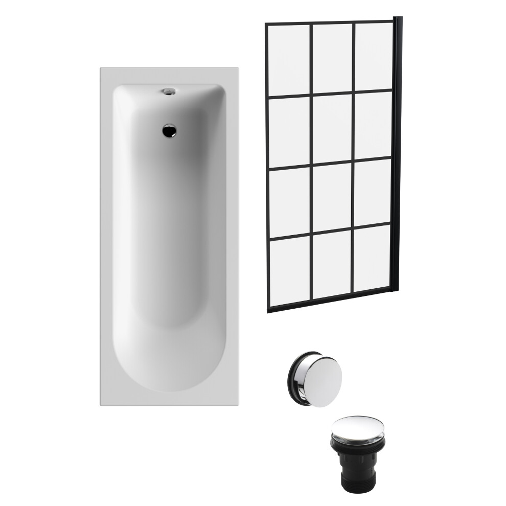 Round 1700mm Shower Bath Set – Leg Set & Black Square Framed Shower Screen & Chrome Waste