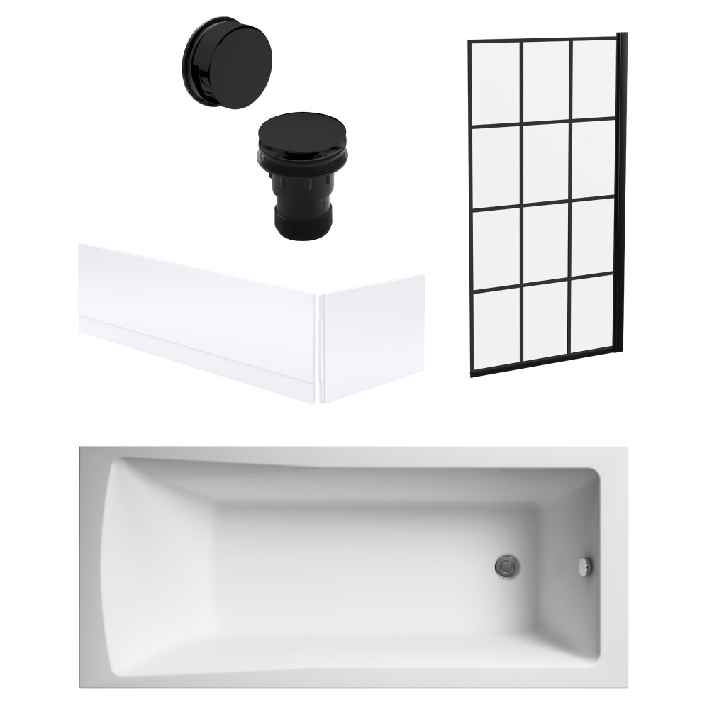 Square Single Ended Bath, Framed Black Screen, Panels, Black Waste - 1700x700mm