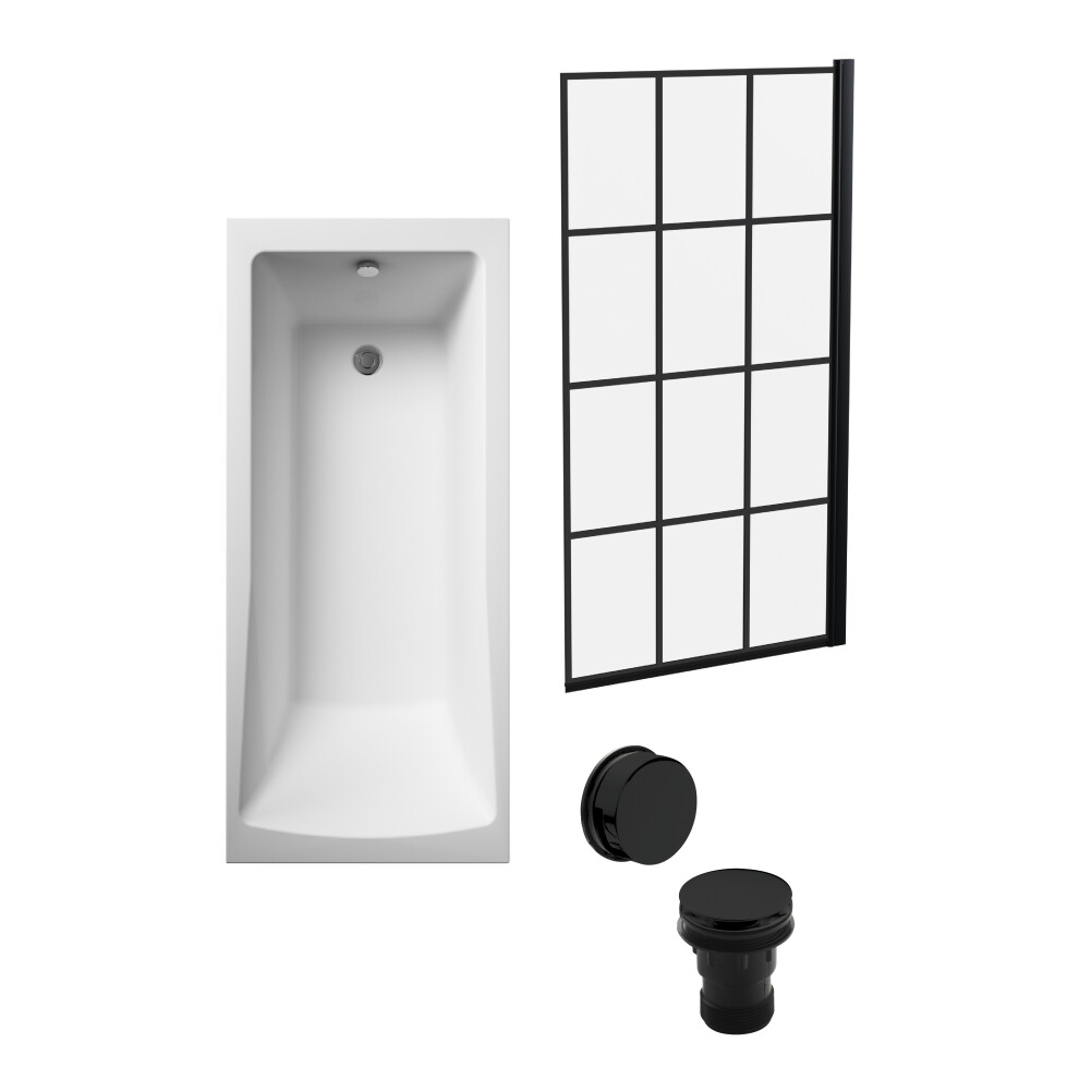 Square Single Ended Bath, Abstract Black Screen and Black Waste -1700x700mm