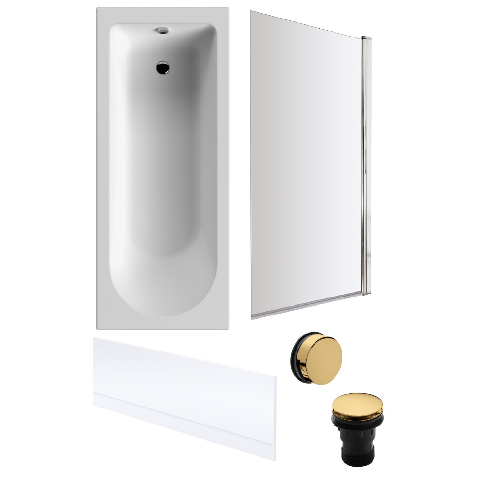 Round 1700mm Shower Bath Set – Front Bath Panel & Chrome Brass Rectangular Shower Screen & Brushed Brass Waste