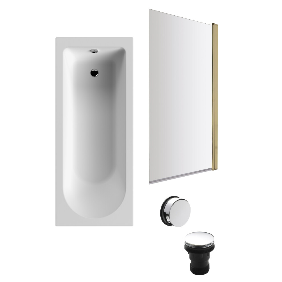 Round 1700mm Shower Bath Set – Front Bath Panel & Brushed Brass Rectangular Screen & Chrome Waste