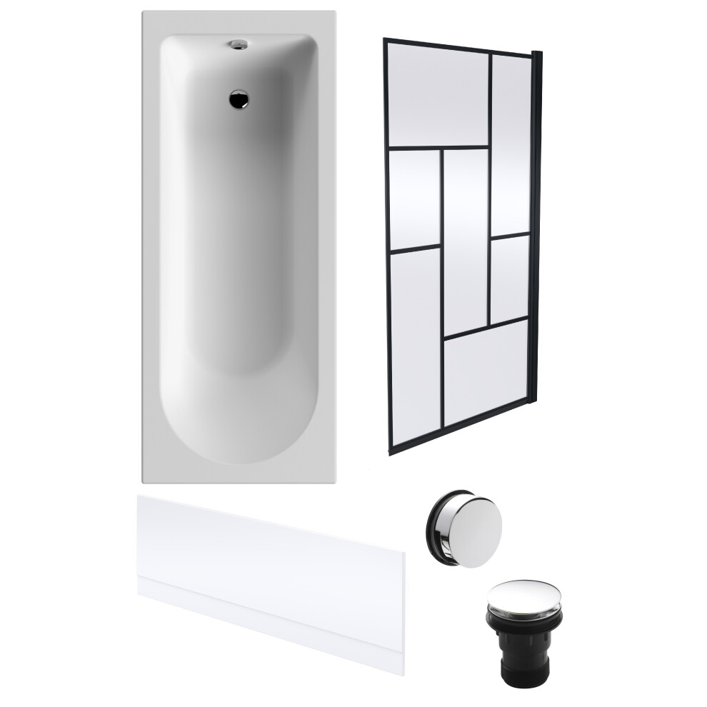 Round Single Ended Bath, Front Panel, Black Abstract Screen, Chrome Waste -1700x700mm
